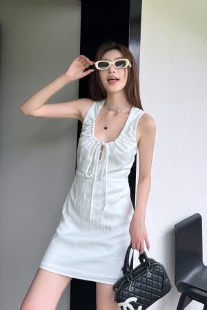 Lightweight Adjustable U-Neck Hollow Sexy Tank Dress - Slimming Tencel Summer Dress with French Short Skirt in White