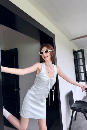 Lightweight Adjustable U-Neck Hollow Sexy Tank Dress - Slimming Tencel Summer Dress with French Short Skirt in White