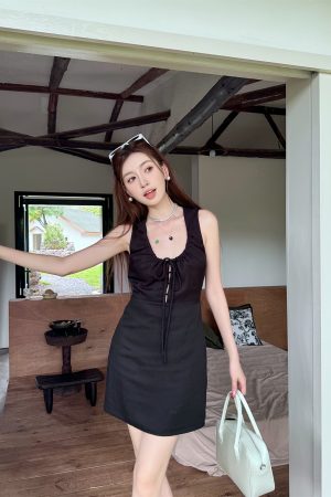 Lightweight Adjustable U-Neck Hollow Sexy Tank Dress - Slimming Tencel Summer Dress with French Short Skirt in White