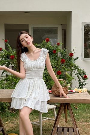 Lightweight Black Ruffled High-Waisted Swing Dress - Summer Elastic Slimming Princess Style