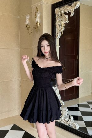 Lightweight Black Ruffled High-Waisted Swing Dress - Summer Elastic Slimming Princess Style