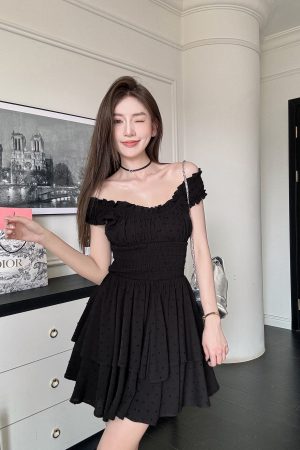 Lightweight Black Ruffled High-Waisted Swing Dress - Summer Elastic Slimming Princess Style