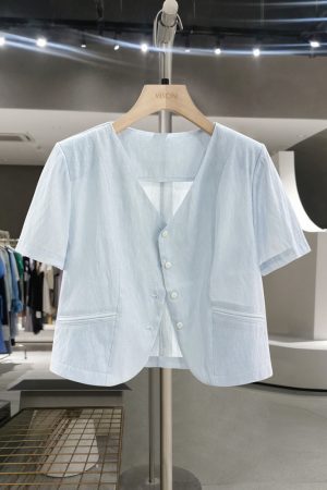 Lightweight Blue Korean-Style Short Jacket for Women - Elegant Summer 2025 Thin Top for a Youthful Look