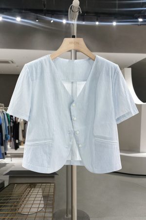 Lightweight Blue Korean-Style Short Jacket for Women - Elegant Summer 2025 Thin Top for a Youthful Look