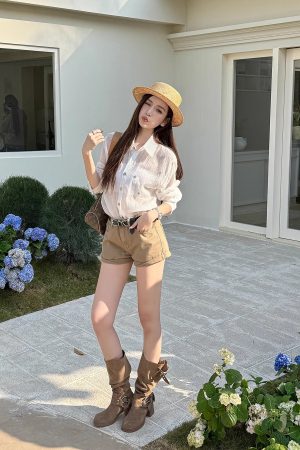 Lightweight Casual Rolled Hem Denim Shorts for Women - Summer Mid-Rise Straight Leg American Style