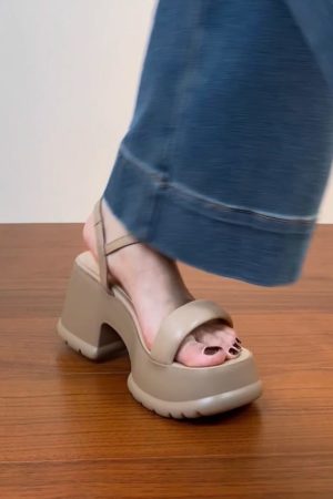 Lightweight Chunky-Heeled One-Strap Open-Toe Sandals for Women - Summer Waterproof Platform High Heels in First-Layer Cowhide