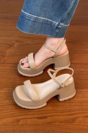 Lightweight Chunky-Heeled One-Strap Open-Toe Sandals for Women - Summer Waterproof Platform High Heels in First-Layer Cowhide