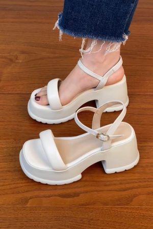 Lightweight Chunky-Heeled One-Strap Open-Toe Sandals for Women - Summer Waterproof Platform High Heels in First-Layer Cowhide