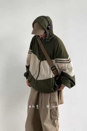 Lightweight Color-Blocked Hooded Sun Protection Jacket for Men and Women - Japanese Retro Outdoor Work Coat, Breathable Summer Style