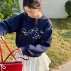 Lightweight Dark Blue Pearl Bow Pullover Sweatshirt - Round Neck Design for Women, Perfect for Spring Fashion