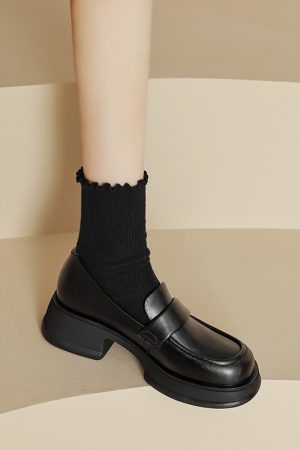 Lightweight Genuine Leather Round-Toe Chunky Heel Shoes for Women - Thick-Soled Height-Increasing Footwear