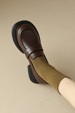 Lightweight Genuine Leather Round-Toe Chunky Heel Shoes for Women - Thick-Soled Height-Increasing Footwear