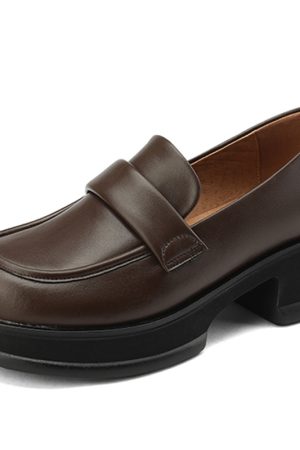 Lightweight Genuine Leather Round-Toe Chunky Heel Shoes for Women - Thick-Soled Height-Increasing Footwear