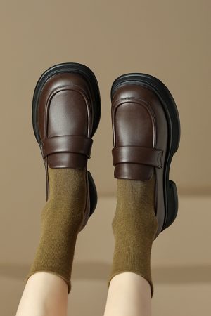 Lightweight Genuine Leather Round-Toe Chunky Heel Shoes for Women - Thick-Soled Height-Increasing Footwear