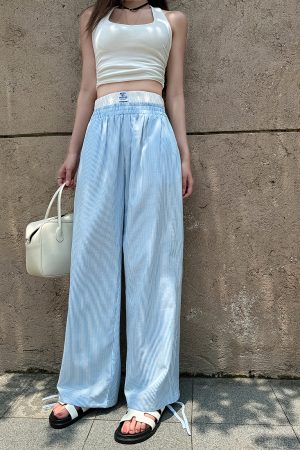 Lightweight High-Waisted Casual Wide-Leg Pants - Summer Striped Blue and White Loose Straight-Leg Trousers for Effortless Style
