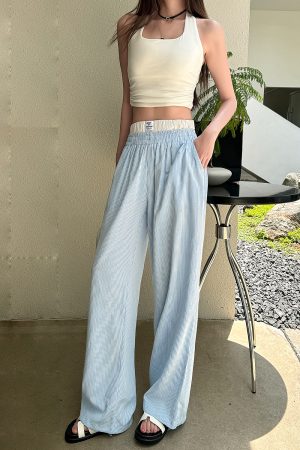 Lightweight High-Waisted Casual Wide-Leg Pants - Summer Striped Blue and White Loose Straight-Leg Trousers for Effortless Style