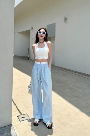Lightweight High-Waisted Casual Wide-Leg Pants - Summer Striped Blue and White Loose Straight-Leg Trousers for Effortless Style