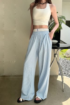 Lightweight High-Waisted Casual Wide-Leg Pants - Summer Striped Blue and White Loose Straight-Leg Trousers for Effortless Style