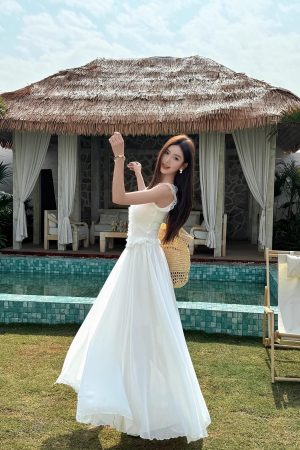 Lightweight High-Waisted Floor-Length Chiffon Skirt with 3-Layered Hem - Summer Beach Skirt with Elastic Waist