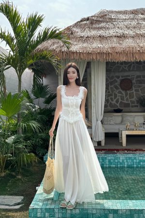 Lightweight High-Waisted Floor-Length Chiffon Skirt with 3-Layered Hem - Summer Beach Skirt with Elastic Waist