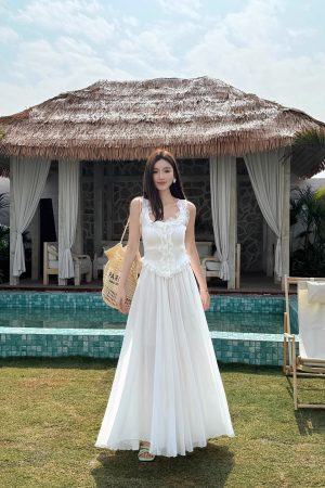 Lightweight High-Waisted Floor-Length Chiffon Skirt with 3-Layered Hem - Summer Beach Skirt with Elastic Waist