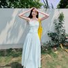 Lightweight High-Waisted Long Dress with Straps, Hollow Out Design, Slimming A-Line Silhouette for Summer Vacation Style