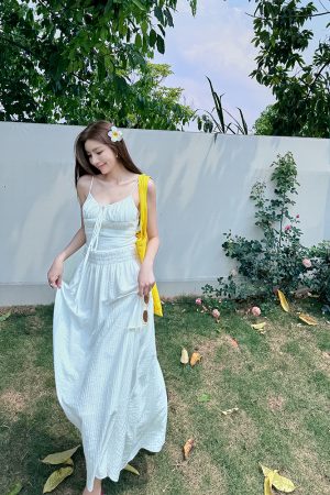 Lightweight High-Waisted Long Dress with Straps, Hollow Out Design, Slimming A-Line Silhouette for Summer Vacation Style