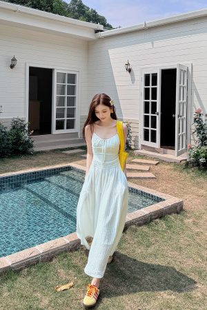 Lightweight High-Waisted Long Dress with Straps, Hollow Out Design, Slimming A-Line Silhouette for Summer Vacation Style