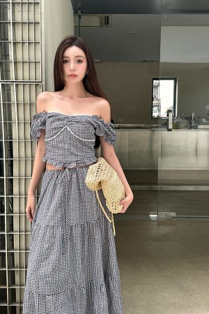 Lightweight High-Waisted Long Skirt Set with Checkered Short-Sleeve Top - Trendy 2-Piece Outfit for Summer Style