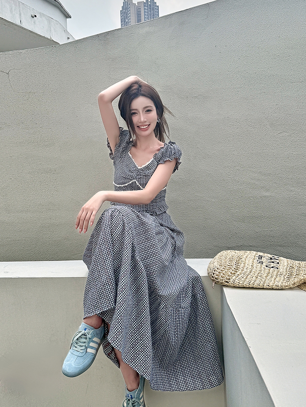 Lightweight High-Waisted Long Skirt Set with Checkered Short-Sleeve Top - Trendy 2-Piece Outfit for Summer Style Lightweight High-Waisted Long Skirt Set with Checkered Short-Sleeve Top - Trendy 2-Piece Outfit for Summer Style