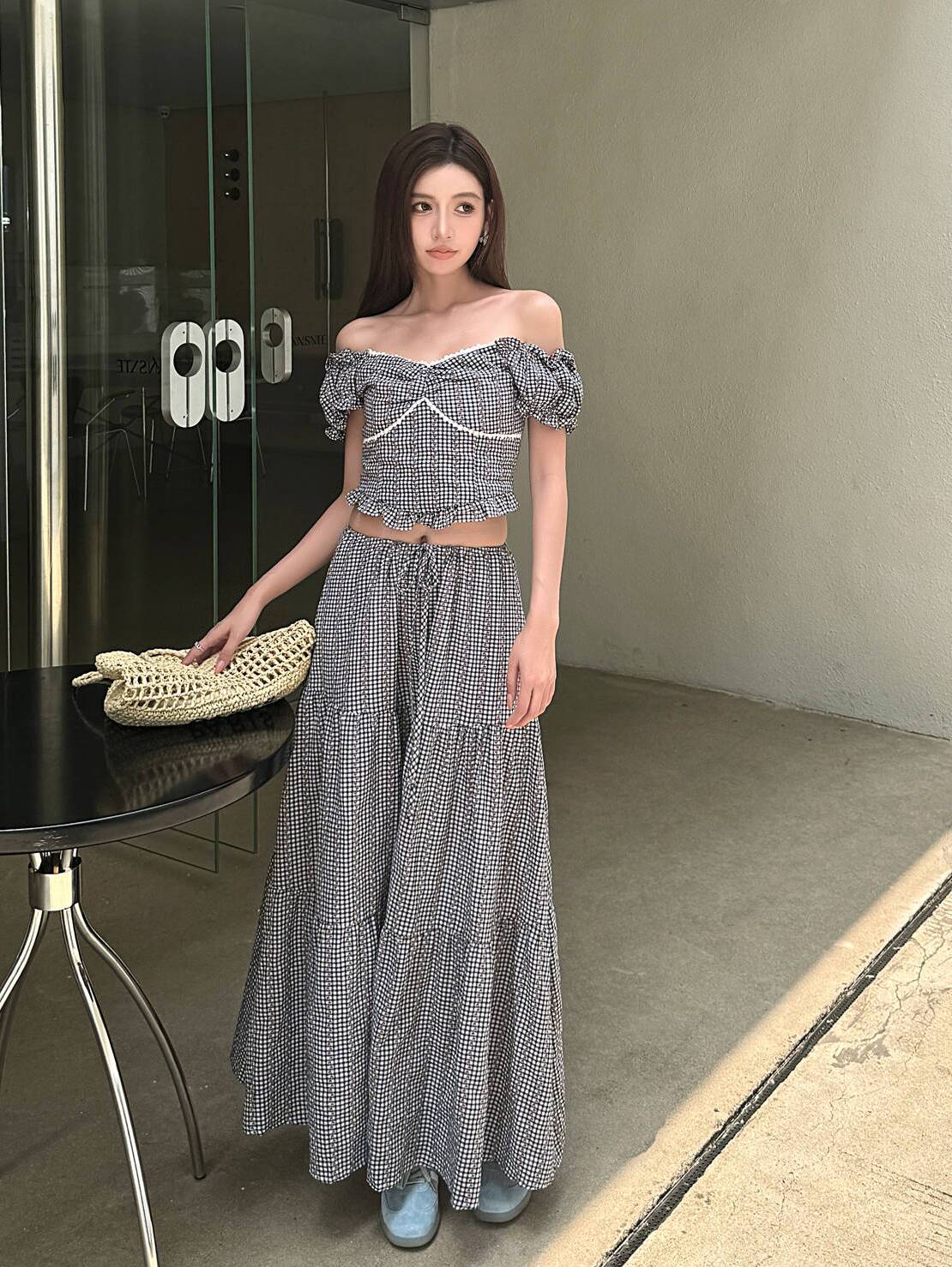 Lightweight High-Waisted Long Skirt Set with Checkered Short-Sleeve Top - Trendy 2-Piece Outfit for Summer Style Lightweight High-Waisted Long Skirt Set with Checkered Short-Sleeve Top - Trendy 2-Piece Outfit for Summer Style