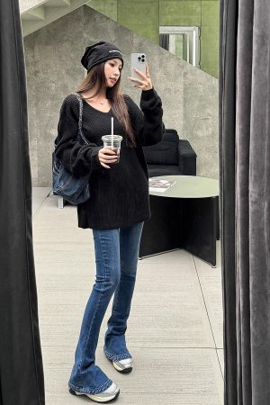 Lightweight High-Waisted Slim-Fit Flared Pants for Spring & Autumn - Extra Long Deep Blue Denim Jeans