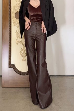 Lightweight High-Waisted Wide-Leg Flared Pants for Women - Slimming Mid-Rise Floor-Length PU Leather Trousers for Spring & Autumn