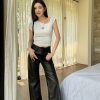 Lightweight High-Waisted Wide-Leg Flared Pants for Women - Slimming Mid-Rise Floor-Length PU Leather Trousers for Spring & Autumn