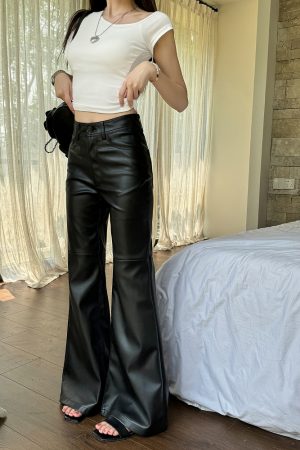 Lightweight High-Waisted Wide-Leg Flared Pants for Women - Slimming Mid-Rise Floor-Length PU Leather Trousers for Spring & Autumn