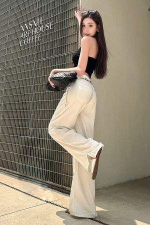 Lightweight High-Waisted Wide-Leg Jeans for Women - Summer Loose Fit, Split Hem, Floor-Length Tencel, White, Y2K Style