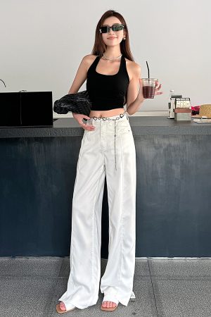 Lightweight High-Waisted Wide-Leg Jeans for Women - Summer Loose Fit, Split Hem, Floor-Length Tencel, White, Y2K Style