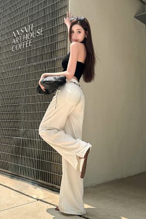 Lightweight High-Waisted Wide-Leg Jeans for Women - Summer Loose Fit, Split Hem, Floor-Length Tencel, White, Y2K Style