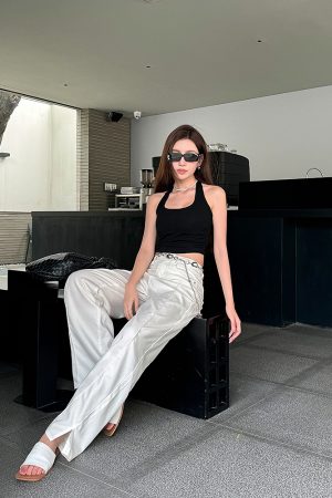 Lightweight High-Waisted Wide-Leg Jeans for Women - Summer Loose Fit, Split Hem, Floor-Length Tencel, White, Y2K Style