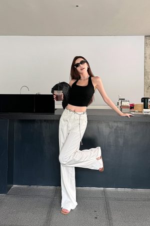 Lightweight High-Waisted Wide-Leg Jeans for Women - Summer Loose Fit, Split Hem, Floor-Length Tencel, White, Y2K Style