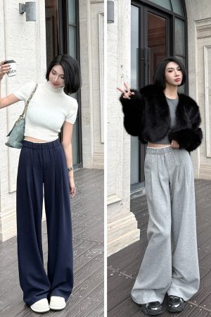 Lightweight High-Waisted Wide-Leg Pants with Pleats and White Edges - Casual Gray Floor-Length Trousers for Women