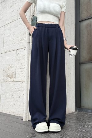Lightweight High-Waisted Wide-Leg Pants with Pleats and White Edges - Casual Gray Floor-Length Trousers for Women