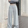 Lightweight High-Waisted Wide-Leg Pants with Pleats and White Edges - Casual Gray Floor-Length Trousers for Women