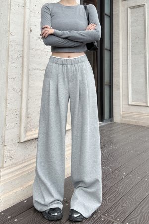 Lightweight High-Waisted Wide-Leg Pants with Pleats and White Edges - Casual Gray Floor-Length Trousers for Women