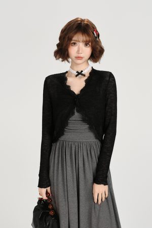 Lightweight Knitted Cardigan for Women - American Retro Lace Trim Summer Shawl Outerwear in Girly Style