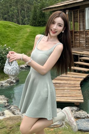 Lightweight Knitted Sleeveless Camisole Dress - Elegant Summer Solid Color, Waist-Cinching, Stretchy Slim-Fit A-Line Design