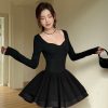 Lightweight Low Neckline Long Sleeve Puff Skirt Little Black Dress, Waist-Cinching Hepburn Style for Birthday Parties