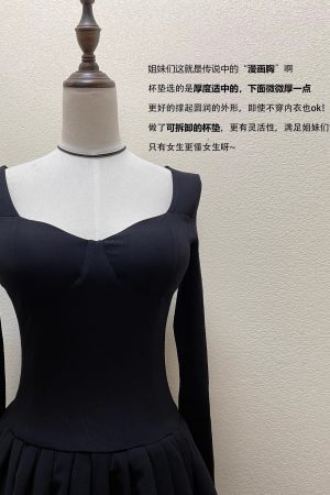 Lightweight Low Neckline Long Sleeve Puff Skirt Little Black Dress, Waist-Cinching Hepburn Style for Birthday Parties