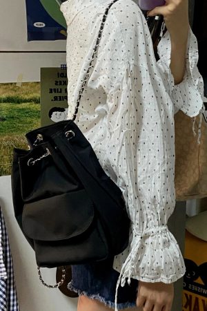 Lightweight Minimalist Black Drawstring Backpack for Women - Stylish High-End Summer Commuting Bag with Chain Detail
