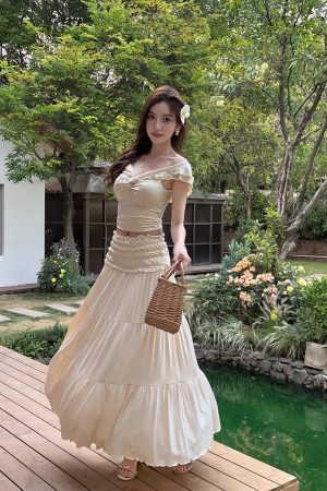 Lightweight One-Shoulder French Top with Ear-Shaped Ruffles and Elastic Long Skirt Set - Perfect for Summer Fashion